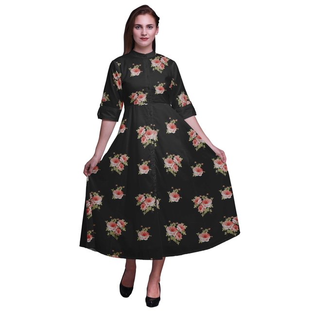 Bimba Robe Chemise Décontractée à Imprimé Floral pour Femme, Robe Évasée Mi-Mollet de Fête - XX-Grand