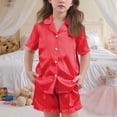thumbnail image 4 of BLVB Girls Pajamas Satin Pajama Set Silk Pjs Short Sleeve Button down Shirts Summer Ruffle Sleepwear for Big Kids 5-15Y, 4 of 6