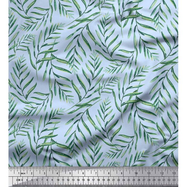 Soimoi Blue Velvet Fabric Pine Leaves Printed Fabric 1 Yard 58 Inch Wide