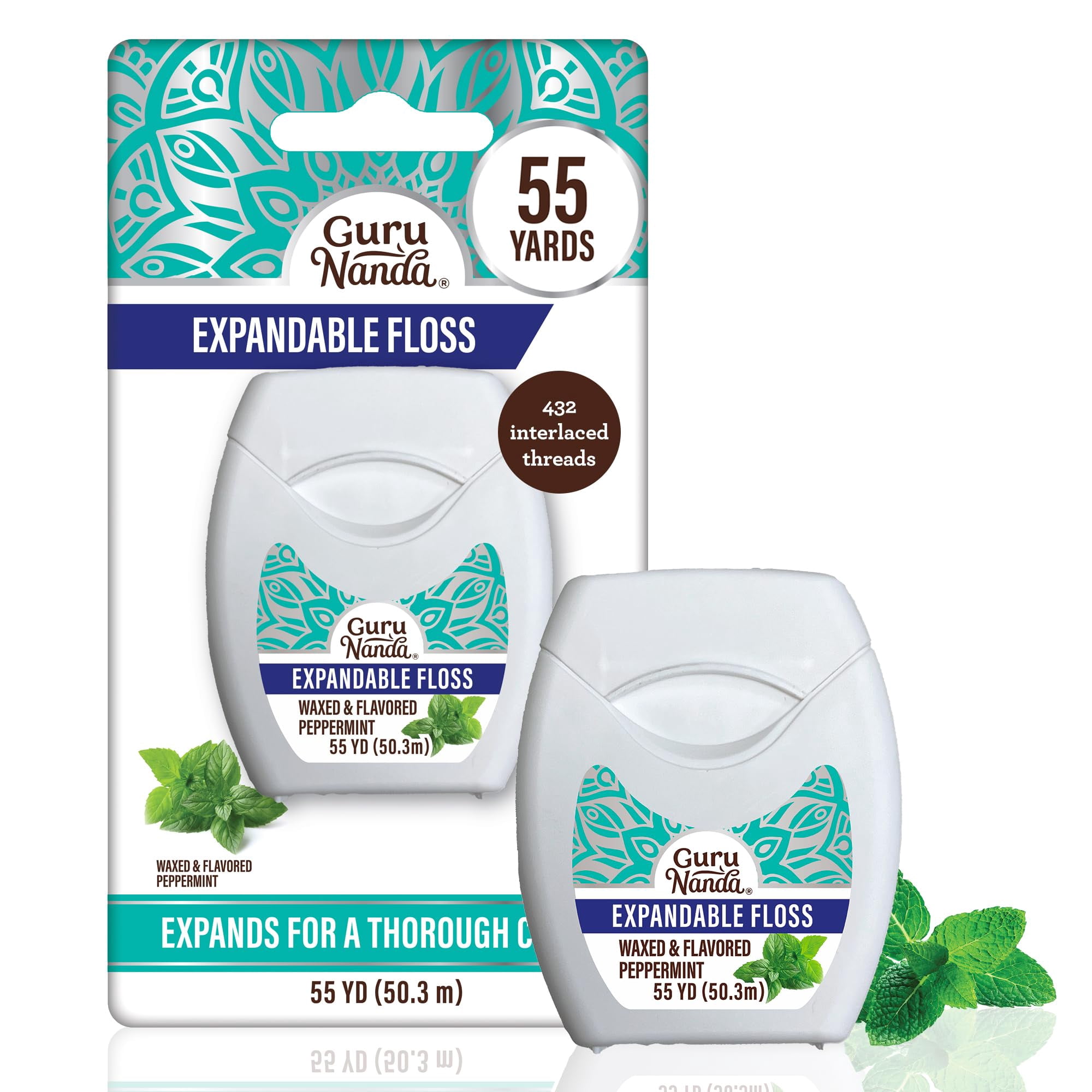 GuruNanda Expandable Waxed Dental Floss for Gentle Deep Cleaning Wide Teeth Flossing - Peppermint Flavor - 55 Yards