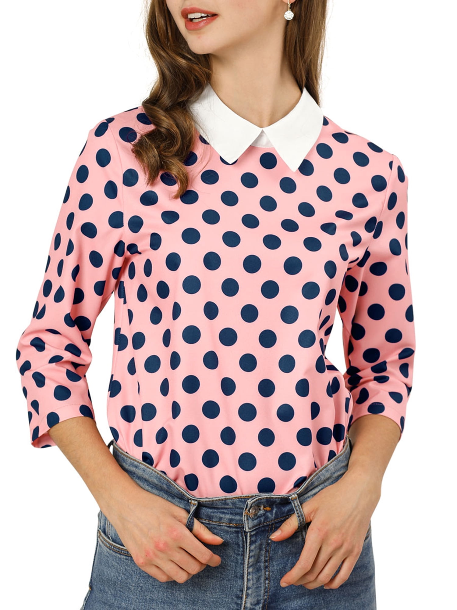 INSPIRE CHIC Chemisier pour Femme à Col Peter Pan Contrastant, Manches 3/4