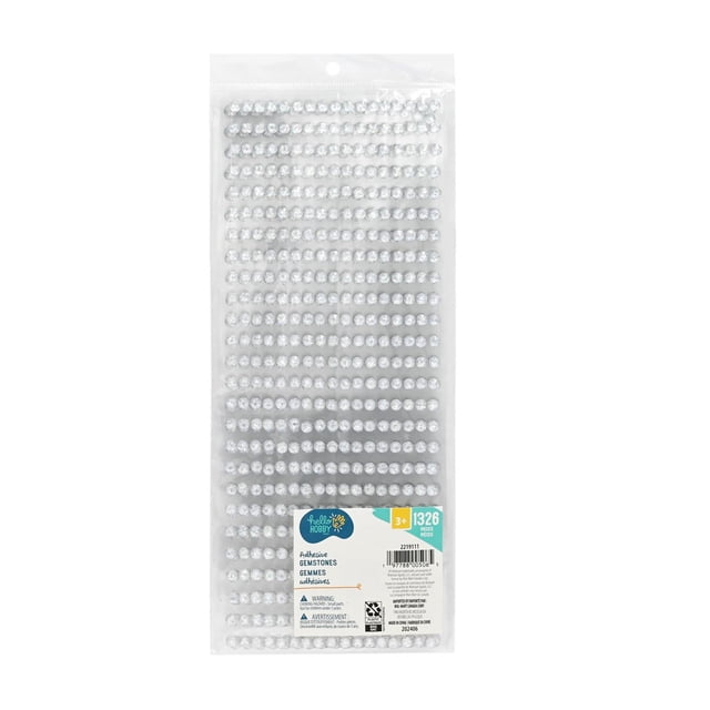 Hello Hobby Clear Round Adhesive Gemstone Stickers 6mm - 1326 Piece pack with multiple rows of small clear round adhesive rhinestones on a transparent sheet inside clear plastic packaging labeled with brand, piece count, and safety warnings, designed for scrapbooking and paper crafts and also suitable for decorating furniture, clothes, shoes, and electronics.