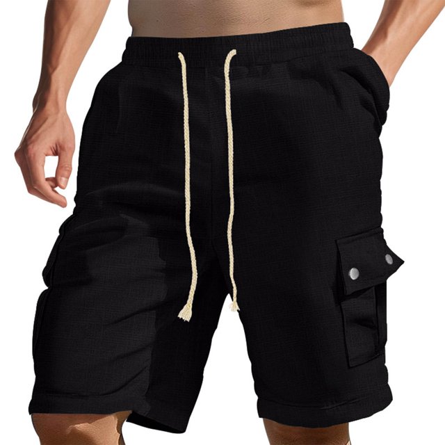 Weiqiqre Shorts Men Linen Shorts Casual Drawstring Summer Beach Shorts in black, featuring a relaxed fit with an elastic waistband and adjustable drawstring for comfort. Made from lightweight, breathable 100% polyester fabric, these shorts include functional cargo pockets for storage. Ideal for summer activities like hiking, gym sessions, or casual outings.