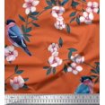 thumbnail image 1 of Soimoi Orange Poly Georgette Fabric Peach Floral & American Robin Bird Print Sewing Fabric BTY 42 Inch Wide, 1 of 3
