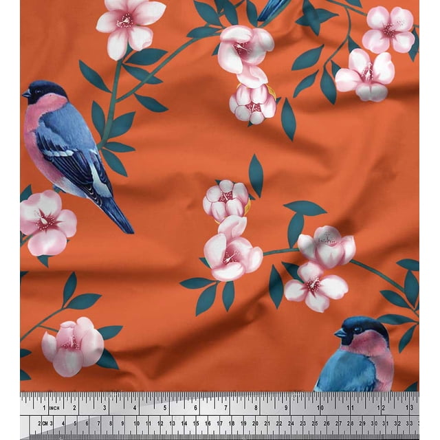 Soimoi Orange Poly Georgette Fabric Peach Floral & American Robin Bird Print Sewing Fabric BTY 42 Inch Wide
