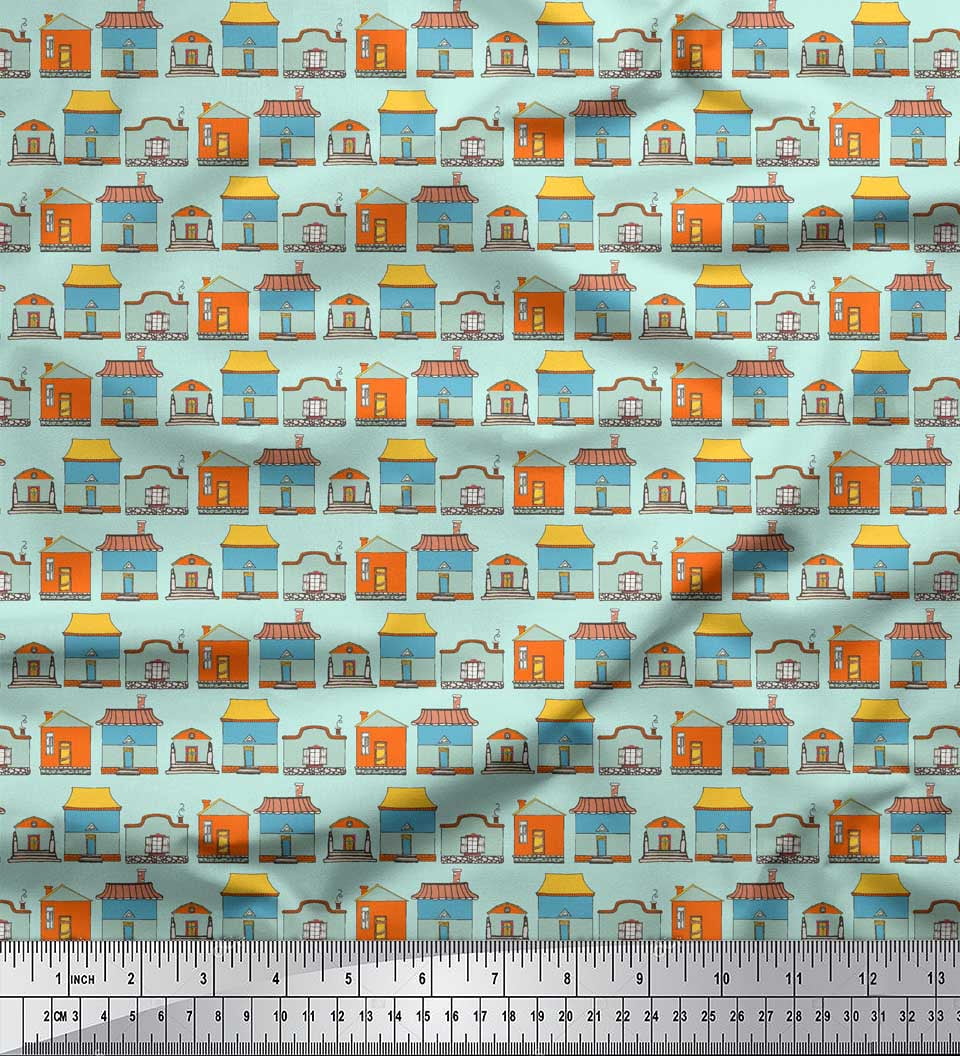 Soimoi Green Rayon Crepe Fabric House Architectural Print Fabric by the Yard 46 Inch Wide