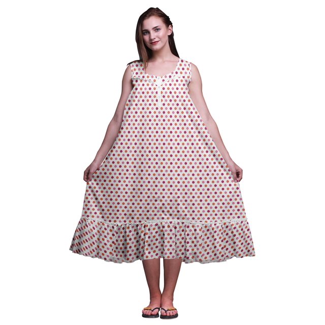 Bimba White3 Dots Coloré Imprimé Coton Chemises de Nuit pour Femmes Robe Sans Manches Vêtement de Nuit Robe Maxi X-Small