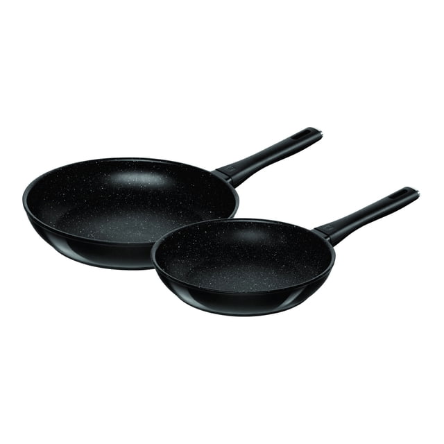 ZWILLING Marquina 2 Piece Aluminum Fry Pan Set with two black frying pans featuring Duraslide Granite non-stick coating, ergonomic stay-cool handles, and solid forged aluminum cores for even heat distribution. Ideal cookware for eggs, pancakes, paella, and stir fries. Includes 24cm and 28cm pans designed by Studio Thun in Italy.