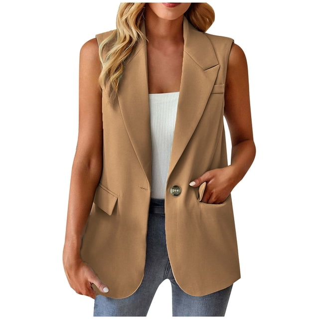 Yuyuzo Sleeveless Suit for Women Lapel Collar Open Front Button Blazer with Pockets Solid Color Outwear