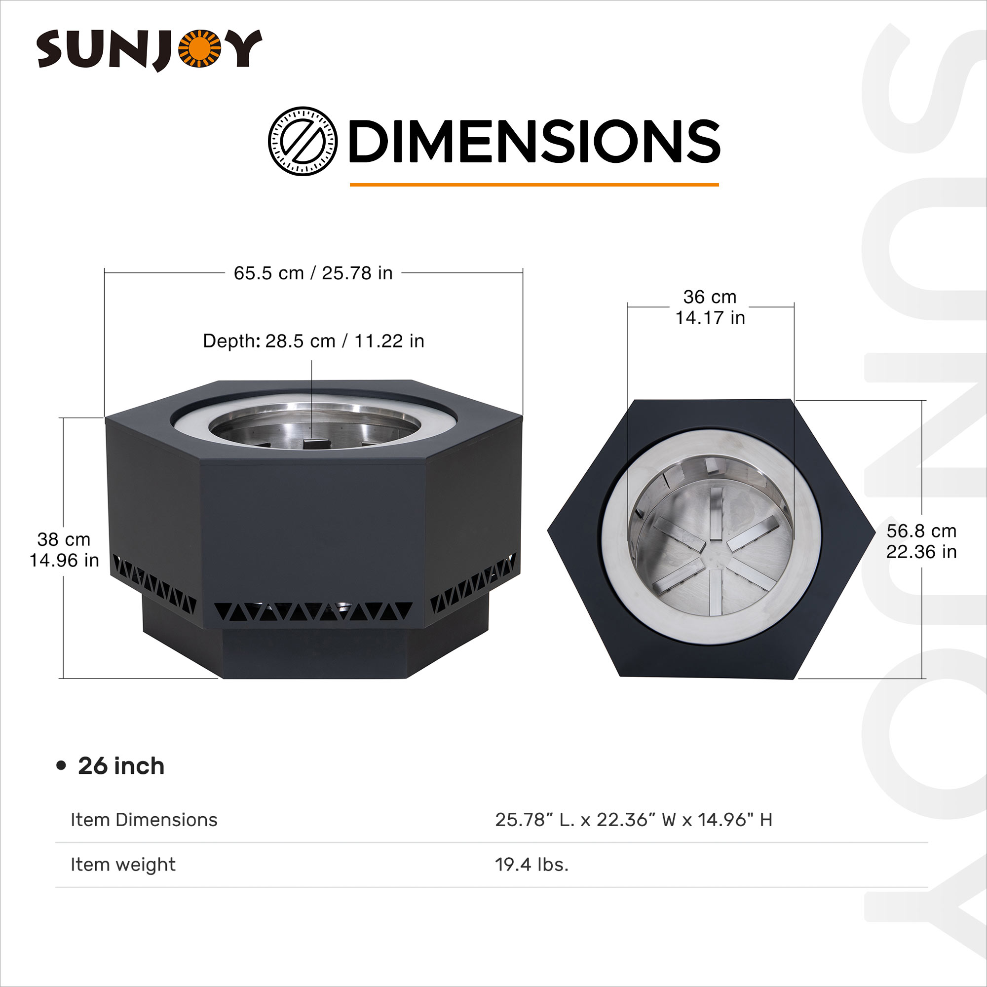 Sunjoy 26 pouces Hexagonal faible fumée Firepit