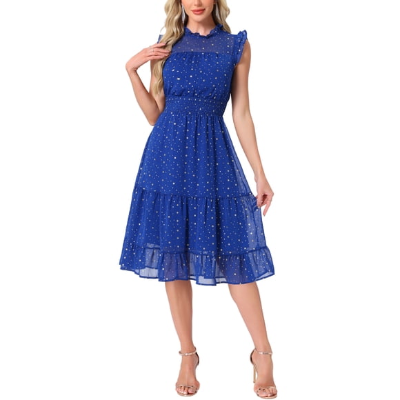 INSPIRE CHIC Women's Chiffon Dress Sleeveless Smocked Waist Gilding Metallic Star Party Dress Royal Blue S