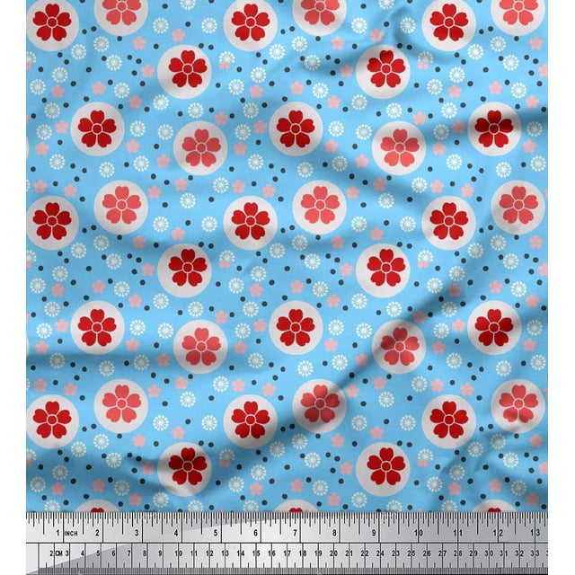 Soimoi Polyester Crepe Fabric Dot & Floral Artistic Decor Fabric Printed Yard 52 Inch Wide