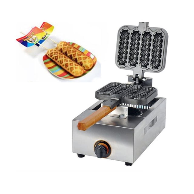 INTBUYING Machine à Gaufres au Gaz Conçue pour Cuire 4 Bâtonnets de Gaufre à la Fois. Comprend un Corps en Acier Inoxydable, des Plaques de Moule en Aluminium avec Revêtement Téflon Antiadhésif et une Poignée en Bois de 24 cm pour un Fonctionnement Sécuritaire. la Taille du Moule à Gaufres Est de 13,5 x 4 cm, et Il Fonctionne au Gaz GPL avec une Pression de 2800 pa. la Machine Comprend des Ouvertures Pré-Faites pour Insérer des Bâtonnets pendant le Processus de Cuisson, Ce Qui la Rend Idéale pour Créer des Gaufres