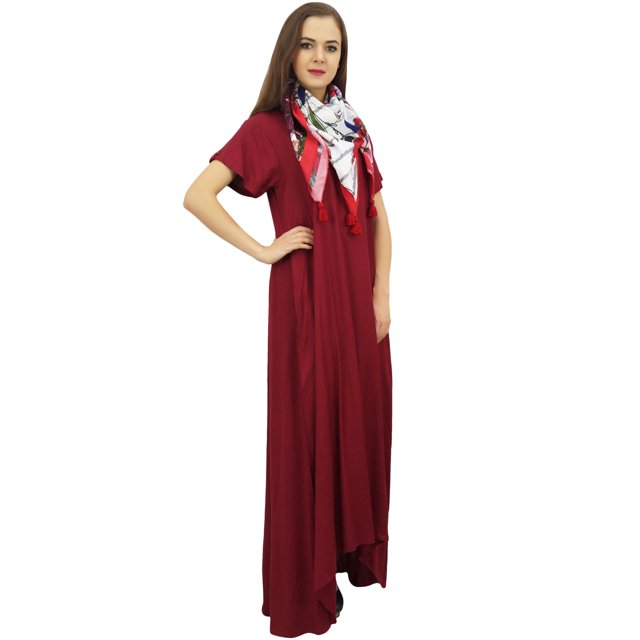 Bimba Robe Maxi Marron pour Femme à Ourlet Asymétrique avec Poches et Foulard-16