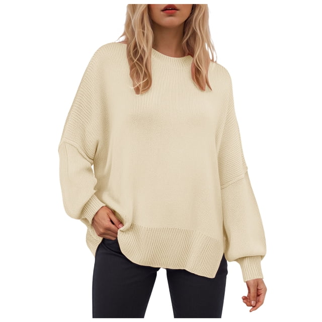 WUANDIXFA Chandails d'Automne pour Femmes Chandails pour Femmes à Manches Longues Fente Latérale Col Rond Chandails Molletonnés à Enfiler Hauts de Mode pour Femmes Vêtements Corset Vêtements d'Extérieur Beige,P