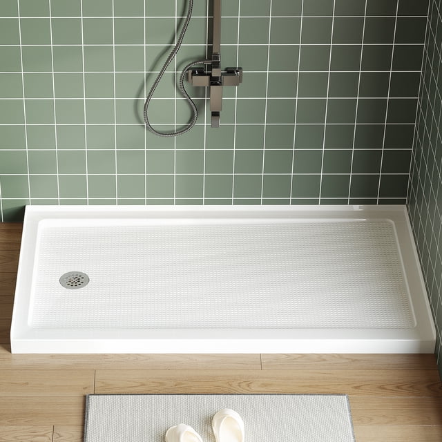 60"x32" Shower Pan with Left Drain – Anti-Slip Acrylic/PVC Shower Base, Easy Install with ABS Drain Kit & Steel Cap, White