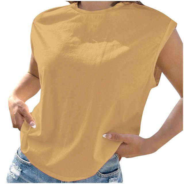 AherBiu Hauts d'Été pour Femmes à Manches Cap, Haut Basique, T-Shirts, Chemises, Confortable, Couleur Unie, Blouse à Col Rond
