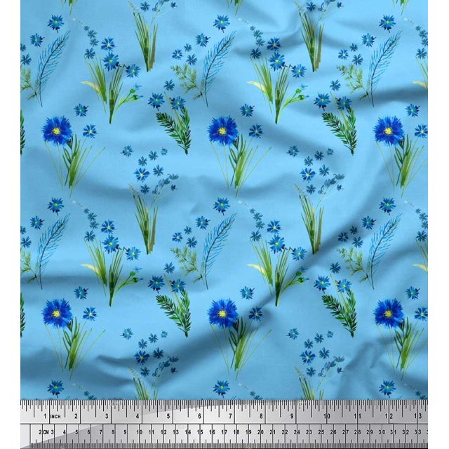 Soimoi Polyester Crepe Fabric Leaves & Aster Floral Printed Fabric 1 Yard 52 Inch Wide