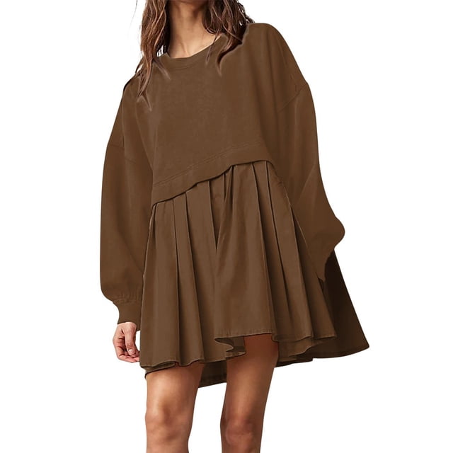 Womens Oversized Sweatshirt Dress Long Flowy Patchwork Pullover Tops Cute Drop Shoulder Sweatshirts Fall Long Sleeve Mini Dress Teen Girls Crewneck Solid Tunic Pleated Loose Clothing Beig