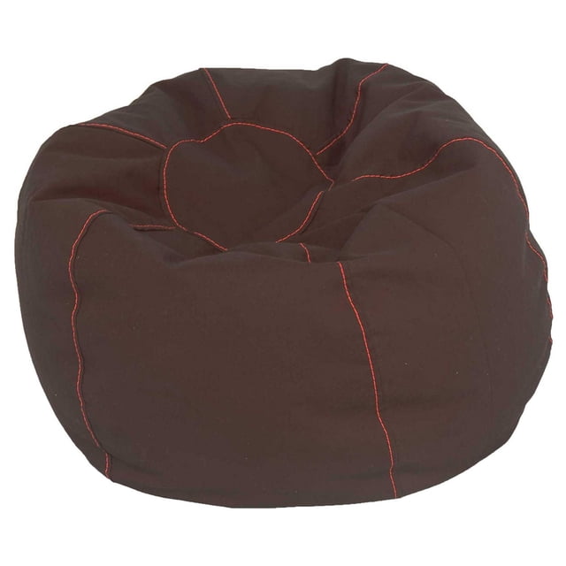 ComfyKids® Bean Bag Chair for Teens in dark brown fabric with red contrast double-stitched seams, extra-large 30 x 30 inch size, lightweight and durable for kids' furniture and casual seating, often used for gaming or reading spots.