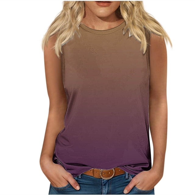 Plebaso Débardeurs 2025 pour Femmes Sans Manches à Col Rond T-Shirts Décontractés à Imprimé Dégradé Blouses d'Été T-Shirts