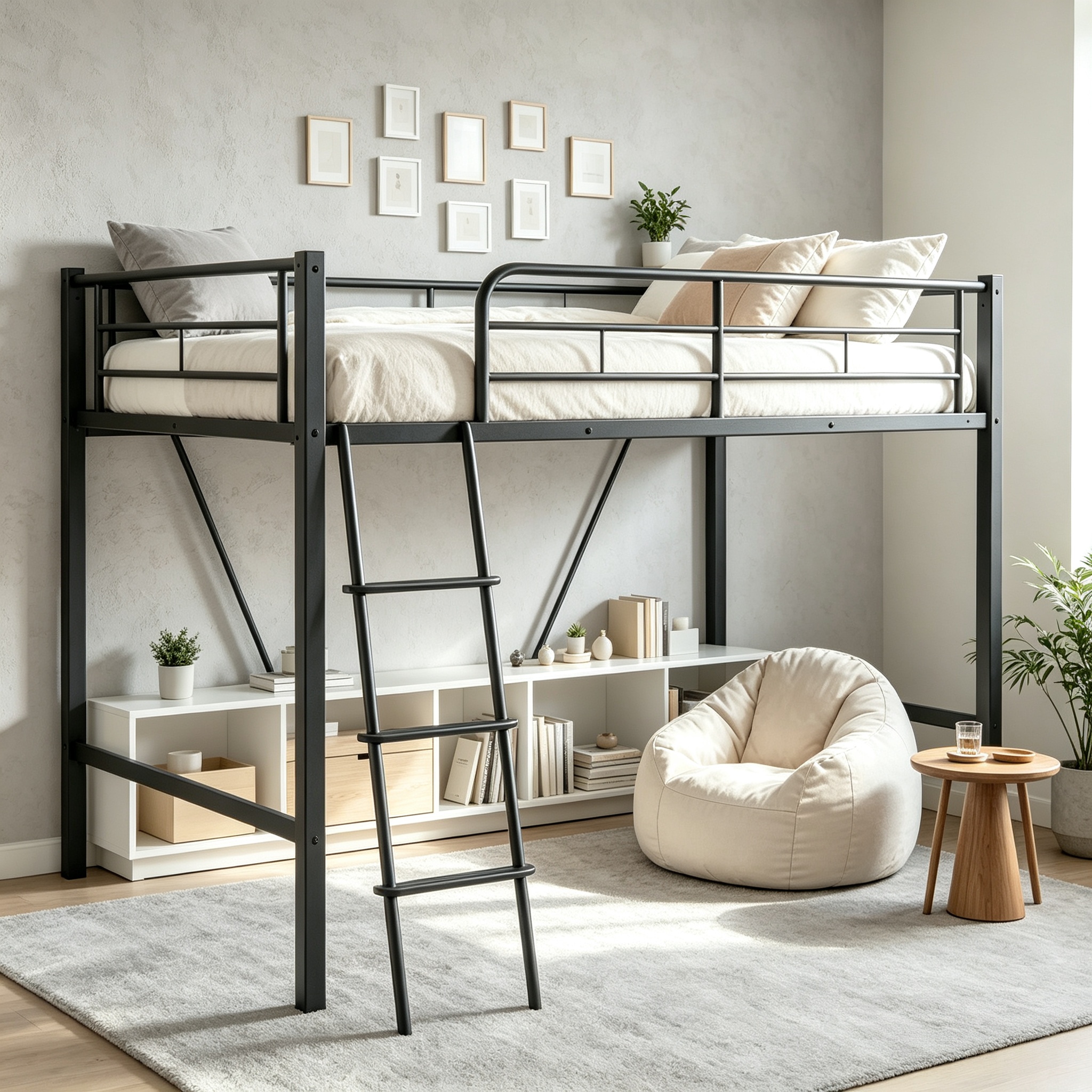 Noble House - Cadre de lit double en métal, en acier robuste avec échelle amovible et barreaux de protection complets, espace sous le lit sans ressort ni boîtier, noir