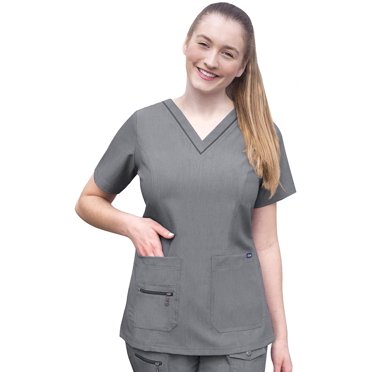 Adar Pro Haut d'Uniforme à Col en V pour Femme, Coupe Ajustée, Gris Chiné, L