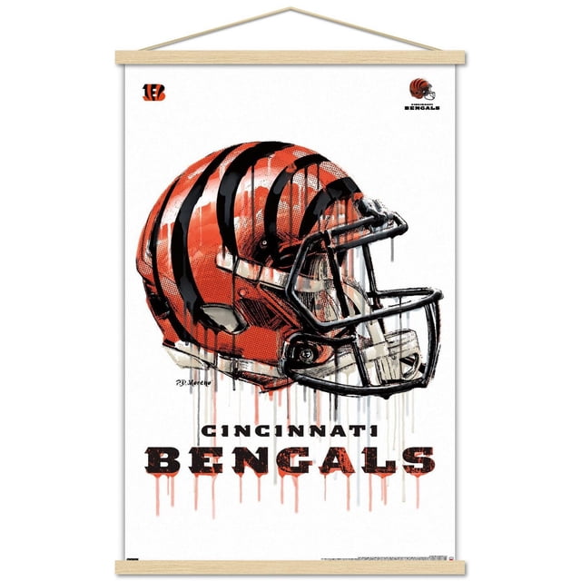 NFL Cincinnati Bengals - Drip Helmet 20 Wall Poster with Magnetic Frame, 22.375" x 34" featuring a front-facing illustration of an orange football helmet with black tiger stripes and black facemask, dripping paint effect on white background, with bold 'CINCINNATI BENGALS' text below, framed in light wood magnetic frame suitable for home décor and wall art.