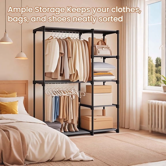 LEDREM Freestanding Closet Organizer with Shelves, 2 Hanging Rods & 4 Shelves, Portable Wardrobe Rack for Bedroom, Cloakroom, Grey
