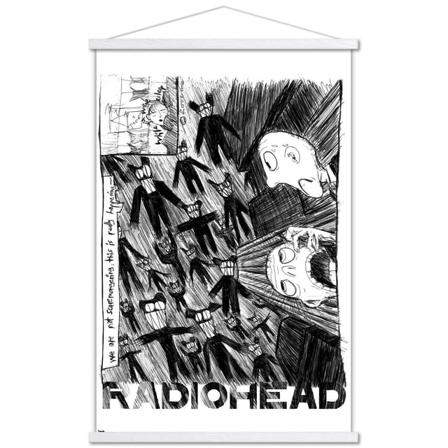 Radiohead - Affiche Murale à Gribouillis, 14,725 Pouces x 22,375 Pouces Encadrée, Présentant une Croquis Noir et Blanc de Multiples Figurines Humanoïdes Abstraites avec de Larges Sourires et des Dents Tranchantes Entourant Deux Grands Visages Expressifs, l'Un Criant et l'Autre Neutre, avec Texte Écrit à la Main « We are not Screamongering this is really happening » à Gauche et Texte « Radiohead » Audacieux au Bas, Convient à la Déco Murale