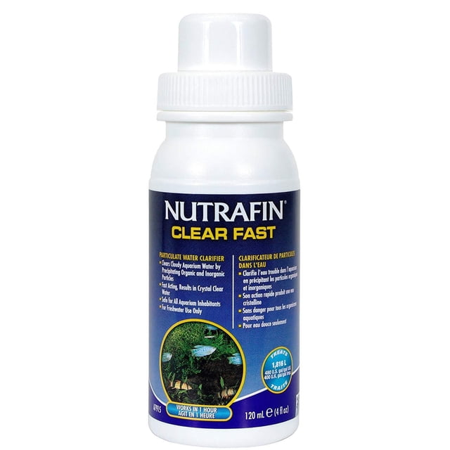 Nutrafin Aquarium Clear Fast Particulate Water Clarifier 120 ml bottle with blue label, fast-acting formula that clears cloudy freshwater aquarium water by precipitating organic and inorganic particles, safe for all aquarium inhabitants, treats up to 1,816 L (480 US gallons), works in 1 hour.