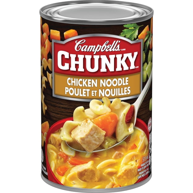 Campbell's® Chunky® Chicken Noodle Ready to Serve Soup can with front label showing large white and red branding, featuring a spoonful of soup with big chunks of tender chicken, carrots, celery, and noodles in savory broth, suitable as a shelf stable canned chicken soup for pantry food.