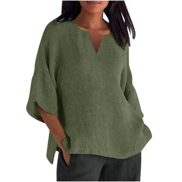 cfhntfmh Linen Shirts for Women Cotton Loose V Neck Basic Tops Plus Size Casual 3/4 Sleeve Side Slit Oversized Tees