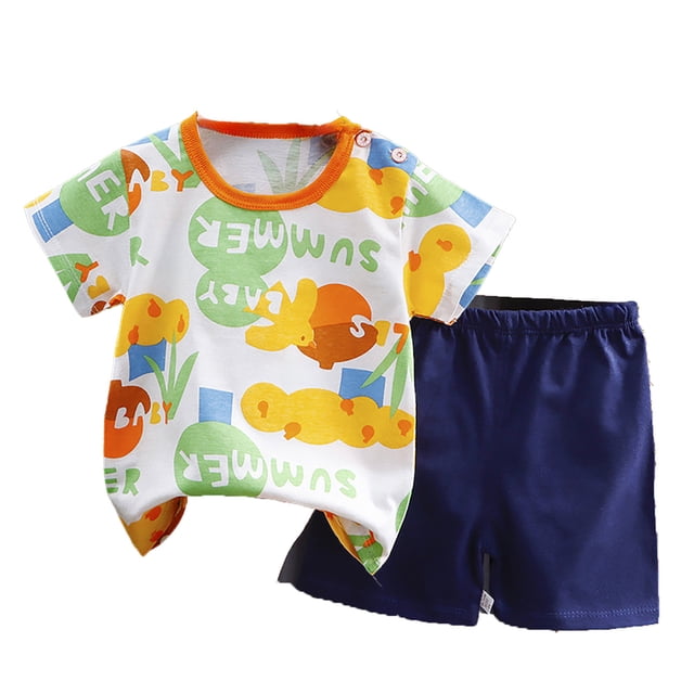 Toddler Boys Summer Outfit Set Two Piece Pajamas with Playful Cartoon and Floral Pattern Designs for Comfortable Bedtime