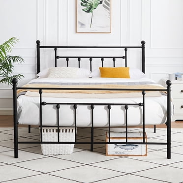 VECELO Queen Size Metal Platform Bed Frame with Headboard and Footboard, Mattress Foundation/No Box Spring Needed, Black