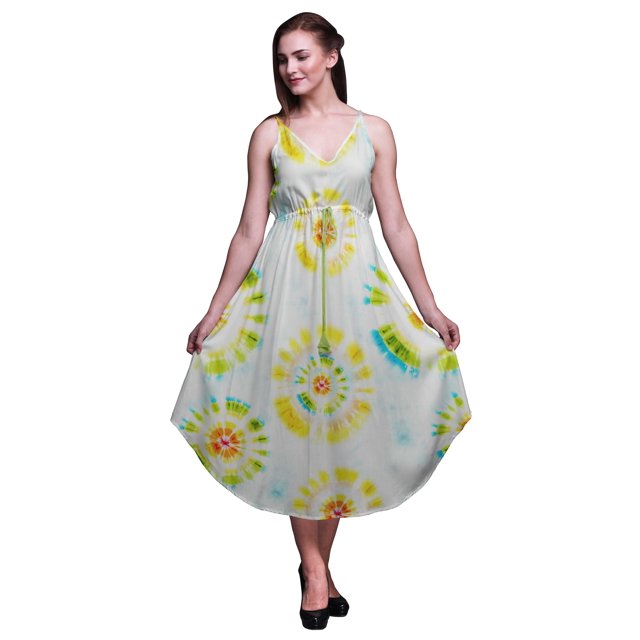 Bimba Robe Midi Imprimée Teinture sur Nœuds pour Femmes Été Col en V Tenue de Vacances-TTG