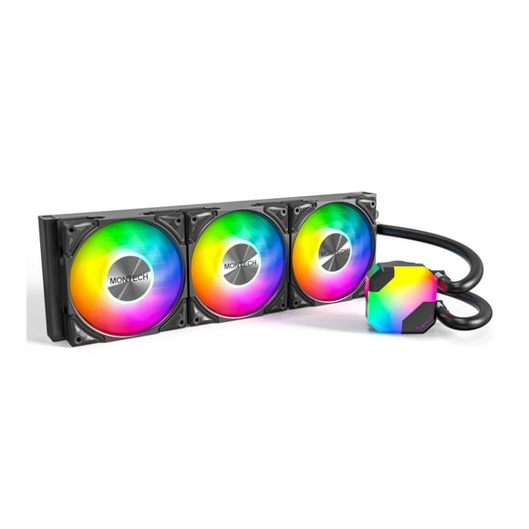 MONTECH HyperFlow ARGB 360 - Refroidisseur de Liquide pour CPU AIO, Prend en Charge Intel LGA 1851/1700, AMD AM5/AM4, Conception Améliorée de Pompe à Eau 3100 Tr/min, 3X Ventilateurs de Refroidissement Ultimes Metal Pro 12 ARGB - Noir