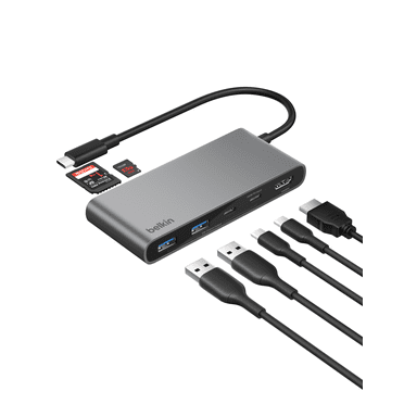 Concentrateur USB-C Belkin 7 ports avec HDMI 4K à 60 Hz, SD/MicroSD, alimentation 100 W et transfert 5 Gbit/s pour MacBook, iPad Pro, Chromebook et plus – HDMI 2.0 amélioré