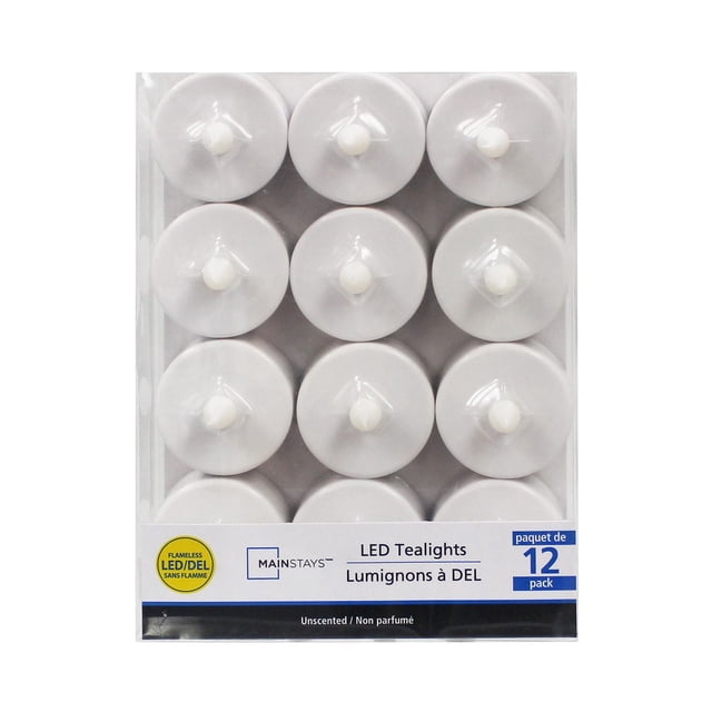Mainstays Bougies Chauffe-Plat à DEL Non Parfumées, Lot de 12, Comprenant des Bougies Chauffe-Plat à DEL Blanches Sans Flamme dans un Plateau en Plastique Transparent, Émettant une Lueur Vacillante Ambre Chaude, Convenant aux Décorations de Noël Intérieures et Sécuritaires pour les Familles avec Enfants et Animaux de Compagnie.