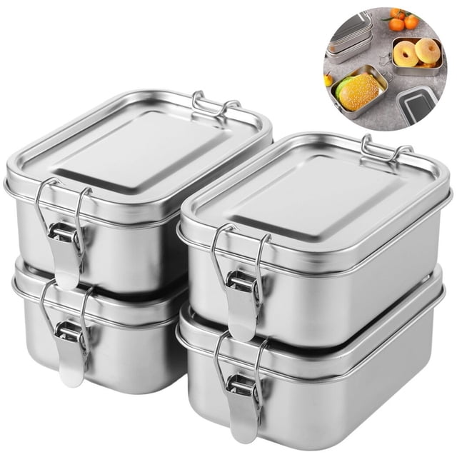 4 PCS Bento Boxes, 550 ML stainless steel adult lunch boxes with lockable clips for leak-proof food storage. Compact and portable design, featuring a smooth silver finish. Includes four reusable food storage containers suitable for meal prep and dishwasher safe.