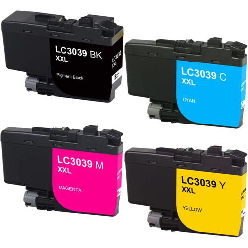 Compatible Brother LC3039 XXL Combo Ink Cartridge BK/C/M/Y by Superink, featuring four inkjet cartridges in black, cyan, magenta, and yellow. Each cartridge is labeled with its respective color and model number, LC3039XXL, designed for ultra-high yield printing. Made under ISO-9001 quality control standards, suitable for Brother MFC-J5845DW, MFC-J5945DW, MFC-J6545DW, and MFC-J6945DW printers. Shelf life of 24 months and yields up to 6000 pages for black and 5000 pages for color.