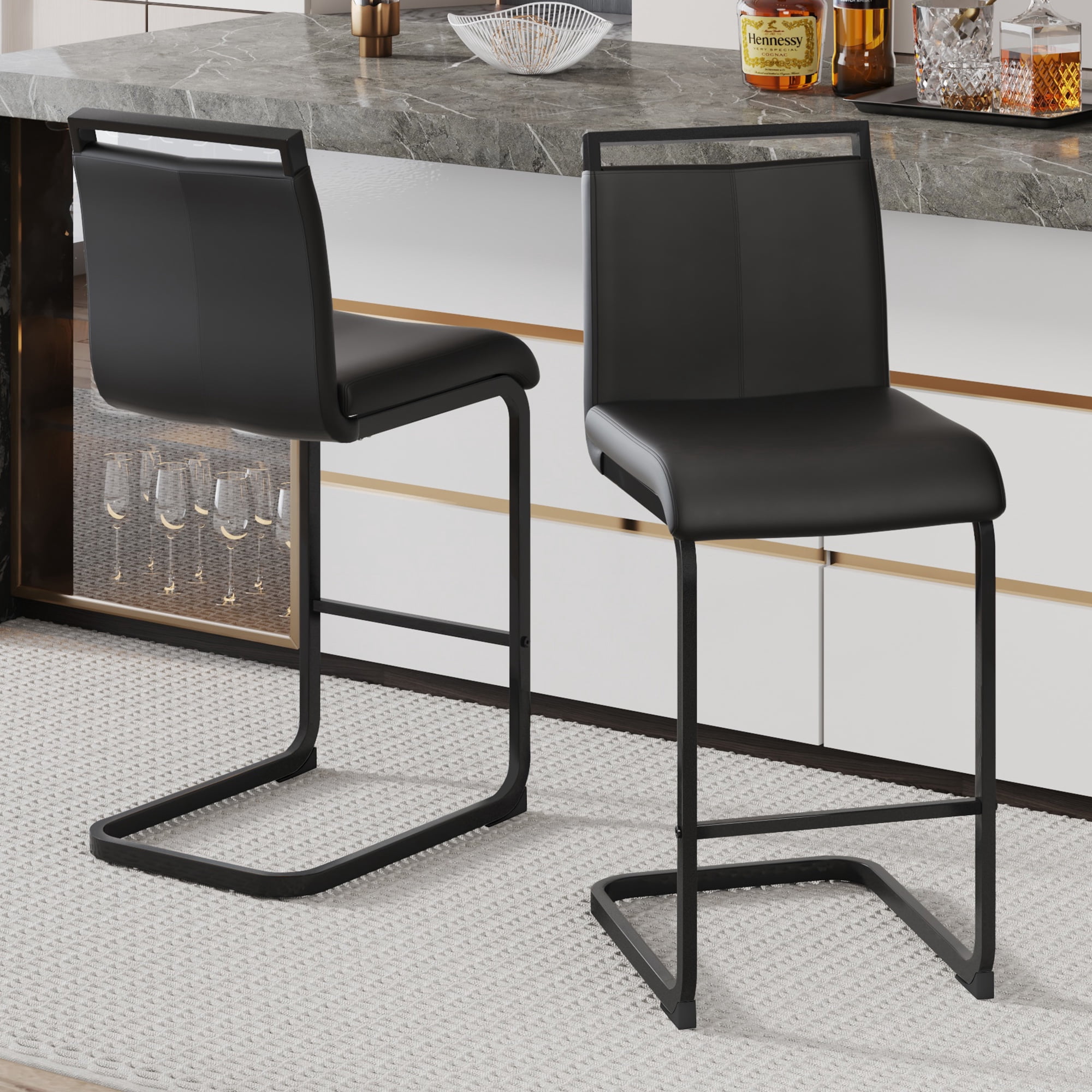 Noble House Ensemble de 2 tabourets de bar moderne, cuir PU noir avec cadre métallique, dossier ergonomique de 38" et pieds antidérapants, noir