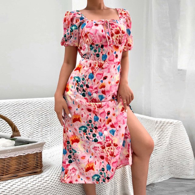 Robes pour Femmes Été 2024, Robe Décontractée Aguichant à Col Carré, Manches Bouffantes, Robe Fendue Florale pour Vacances, Manches Courtes, Col en V, 50 % de Réduction!