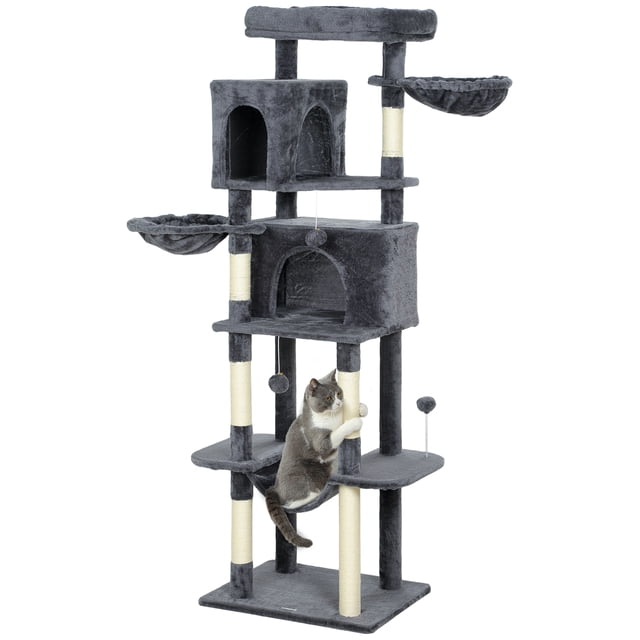 PawHut 69" Cat Tree, Cat Tower with 2 Condos, Dark Grey