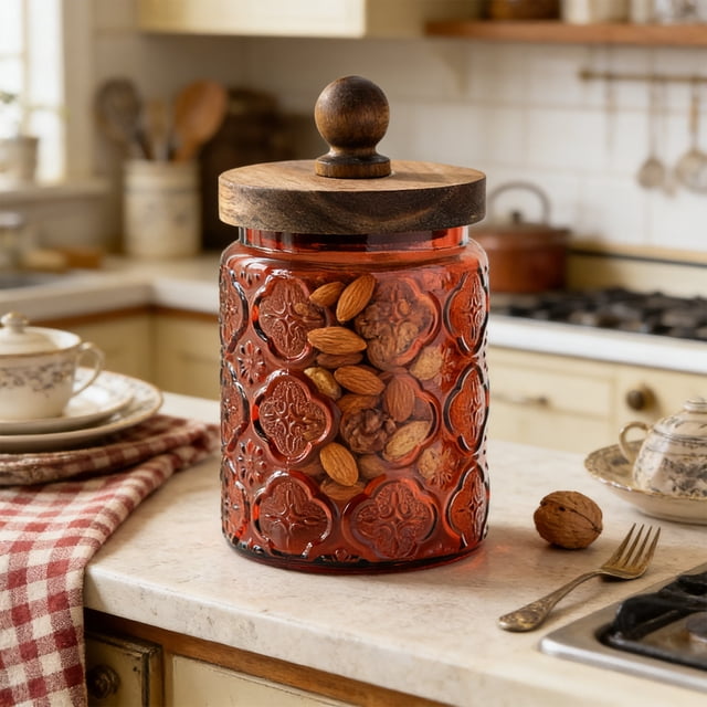 Linnome Colored Glass Storage Jar 700ml Sealed Airtight for Kitchen Snacks Tea Food Container 3.74x6.89in Z2-Red