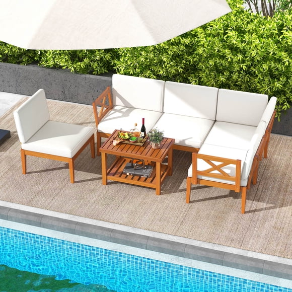 Costway 6 PCS Acacia Wood Patio Furniture Set with Cushions and 2-Tier Coffee Table