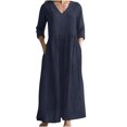 thumbnail image 2 of Robes d'Été Grande Taille Mode Femme Printemps/été Col en V Manches 3/4 Robe en Coton et Lin Robes T-Shirt en Liquidation, 2 of 6