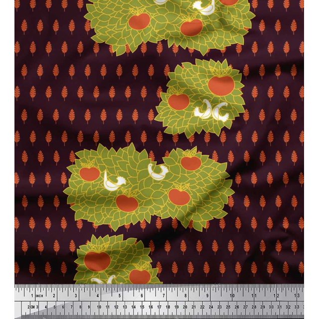 Soimoi Silk Fabric Leaves,Bird & Fresh Fruits Print Sewing Fabric Yard 42 Inch Wide