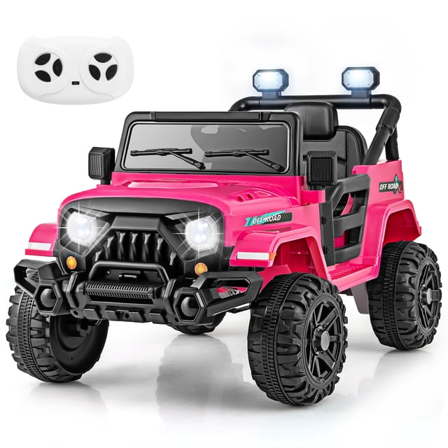 Gymax 12V Kids Ride on Truck Car in pink with threaded wheels, LED lights, and remote control. This powered ride-on features dual 35W motors, three adjustable speeds, and all-terrain wheels for diverse surfaces. Includes a child-friendly steering wheel, foot pedal, safety belt, and lockable doors. Remote control allows parental operation for added safety.