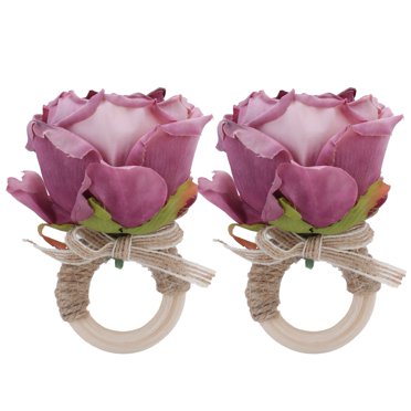 2Pcs Novelty Wooden Napkin Buckle Artificial Floral Napkin Ring for Festival Table DecorationPurple